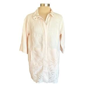 Chico's Pale Peach Linen Duster Jacket Eyelet Detail Sz 12 / LARGE Spring Summer